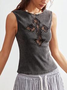 Bohemela 休闲纯色针织圆领无袖露脐蕾丝镂空交叉女士背心，春夏度假女装，夏季黑色上衣 - 黑色 - 查看 6