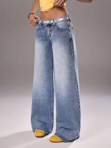 TRNVIE Fashionable Casual Street Style Woven Strap Letter Print Straight Leg Jeans - Light Wash - View 3