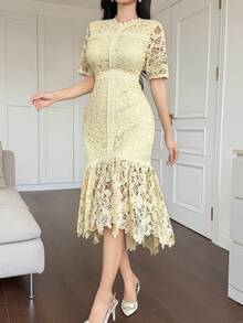 DAZY Đầm dài ren cổ tròn, viền bèo nhún thanh lịch dành cho nữ, thích hợp cho mùa xuân/hè, váy dự tiệc cưới, đầm mùa hè. - Vàng nhạt - Xem 3