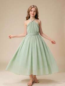 Tween Girl Luxurious Elegant Green Sleeveless Chiffon Fitted Dress, Suitable For Evening Party, Christmas, Halloween, Wedding, Prom, Vacation, Graduation Season And Other Occasions - Mint Green - View 1