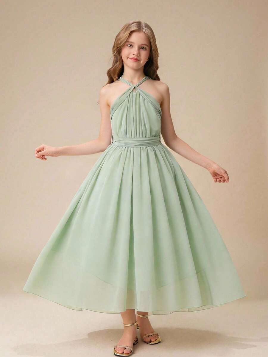 Tween Girl Luxurious Elegant Green Sleeveless Chiffon Fitted Dress, Suitable For Evening Party, Christmas, Halloween, Wedding, Prom, Vacation, Graduation Season And Other Occasions - Mint Green - View 1