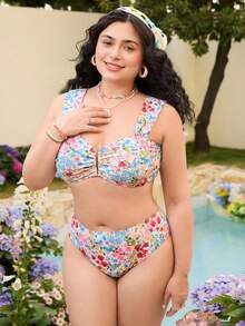 SHEIN Bộ bikini cỡ lớn in họa tiết hoa, thích hợp cho kỳ nghỉ và đi biển. - Nhiều màu - Xem 3