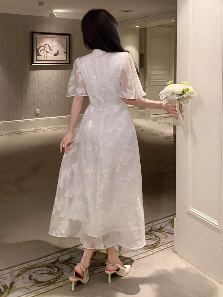 Women's Elegant Floral Print Stand Collar Ruffle Sleeve Mid-Length Dress, Summer,Wedding Guest Dress Women Sundress