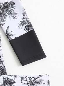 男童长袖树叶印花泳裤沙滩度假防晒泳衣套装 - 黑色 - 查看 5