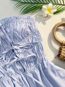 Sunnyshic Blue & White Striped Cotton Fabric Open Front Tie Waist Ruffle Hem Cropped Jumpsuit, Women Spring/Summer Vacation Beach Commute Elegant Sweet Simple Casual Versatile - Blue - View 4