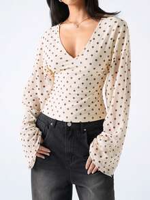 LYSMO 女士波点印花V领修身休闲长袖上衣 - 淡黃色 - 查看 5