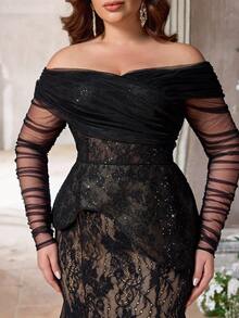 Aureia Plus Size Black Winter Elegant Formal Prom Special Ocassion Off-Shoulder Sequin Lace Splice Sheer Mesh Mermaid Hem Dress For Evening Party Wedding - Black - View 6