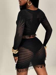 BamGleam Women's Sexy Hollow Out Mesh Sheer Bodycon 2 Pieces Set - Black - View 2