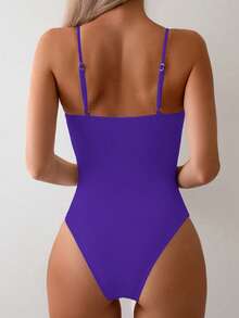 Swim Basics Traje de baño de una pieza con tirantes finos y drapeado de unicolor de moda para mujer - Morado - Ver 2