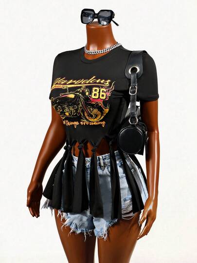 Mistrie Motorcycle Digit & Letter "Good Things Are Coming" Print Knotted Tassel Irregular Hem Round Neck Short Sleeve Casual Street Sports Music Festival Stage T-Shirt For Women, Spring/Summer