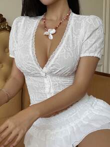 Livesso Women's Textured Embroidered V-Neck Contrast Lace Elegant Summer Blouse - White - View 6