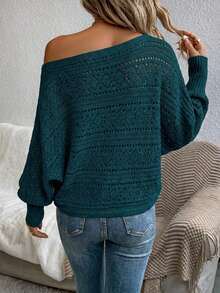 Women's Casual Everyday Commute Fashion Vacation Style Solid Color Pointelle Knit Asymmetrical Neck Loose Pullover Sweater, Autumn/Winter - Dark Green - View 2