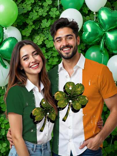 Manfinity EMRG St. Patrick's Day Men's Short Sleeve Shirt, Clover Print Shirt, Party Shirt, Holiday Casual Shirt, Gift For Lover, Boyfriend, Family, Versatile Printed Shirt For Holiday & Daily Wear