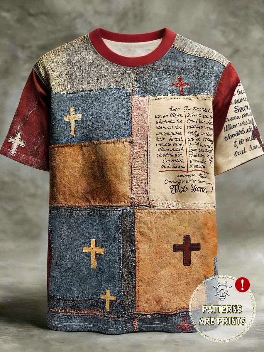 SHEIN 男士修身字母十字印花撞色圆领短袖T恤 - 彩色 - 查看 1