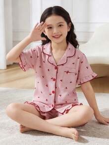 Genkimix Kids 少女睡衣套装，舒适时尚樱桃印花荷叶边优雅短袖短裤两件套睡衣 - 彩色 - 查看 5