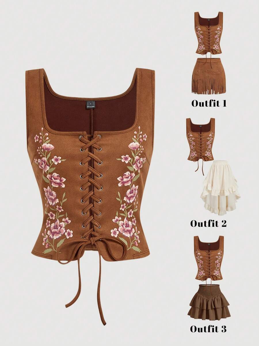 SHEIN MOD Plus Size Brown Floral Print Eyelets Lace-Up Vintage Camisole Corset Outfit Corset Tops For Women Leather Corset Top Brown Leather Top Y2k Summer Clothes Ladies Clothes Yk Outfits,Summer,Festival ,Beach, Wedding ,Vacation - Brown - View 1