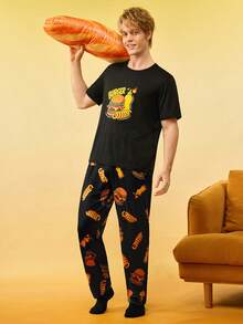 Conjunto de pijama de camiseta de manga corta de cuello redondo y pantalones con estampado de hamburguesa para hombre - Multicolor - Ver 1