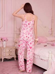 3pcs/Set Women's Romantic Heart Print Camisole Top, Shorts And Pants Pajama Set, Spring/Summer - Baby Pink - View 9