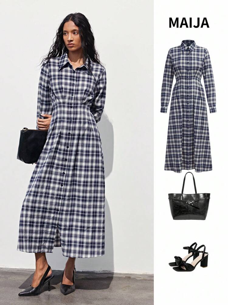SHEIN Maija 여성 캐주얼 격자 무늬 버튼 앞면 롱 드레스, 봄/가을