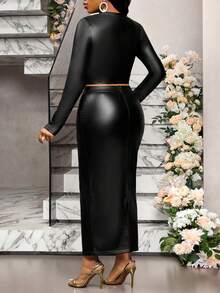 SHEIN Lady 女士优雅通勤修身上衣和半裙两件套 - 黑色 - 查看 2