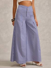 RueChic Women's Casual Commuting High Waist Pleated Wide Leg Pants - Blue and White - View 4