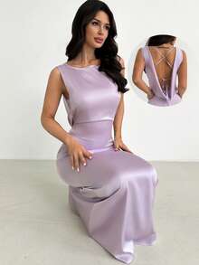 Firerie Spring/Summer New Elegant Purple Backless Halter Adjustable Tie Back Dress, Suitable For Wedding Guest, Party, Vacation - Mauve Purple - View 6