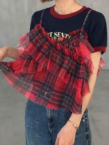 FRIFUL Mesh Plaid Lace-Up Layered Pleated Frill Trim Loose Casual Versatile Camisole Summer Graphic Tee - Red - View 2