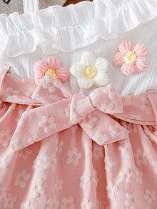 SHEIN Baby GirlElegant Houndstooth Ribbed Fabric Spaghetti Strap Ruffle Trim Dress With Hat, Cute For Spring/Summer - Pink - View 4