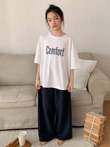 DAZY Tween Girls Crew Neck Printed Short Sleeve T-Shirt & Plaid Sweatpants Homewear Set, Autumn - Navy Blue - View 3