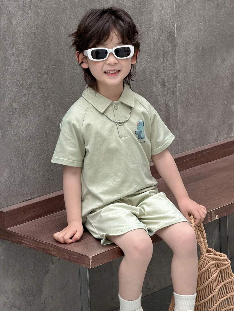 Cartoon Print Short Sleeve T-Shirt And Shorts Casual Outfit For Young Boy Summer