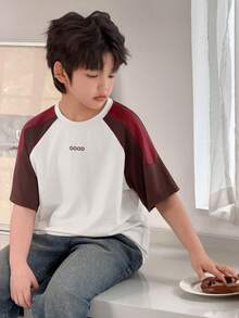 Dazy Kids Camiseta casual holgada de manga corta con cuello redondo y manga raglán de color contrastante para niño preadolescente - Blanco - Ver 2