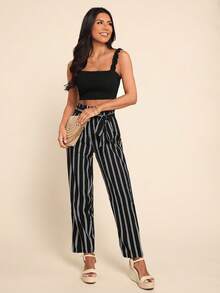 Coeurva Frill Trim Strap Cami Top & Paperbag Waist Striped Trousers Set - Black - View 5