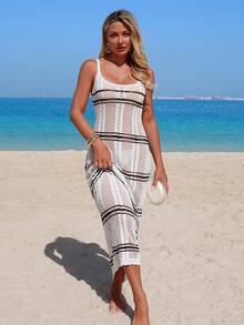 Swim Chiccia Women's Elegant Striped Knit Dress With Spaghetti Straps, Suitable For Vacation - Black and White - View 4