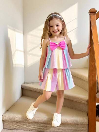 Young Girls Multicolor Rainbow Striped Camisole Top With Pink Bow, Cute Sweet Outfit, Comfortable Daily Wear For Children In Summer Ice Cream Dress For Girl Candy Dress For Kids Girl Bow Dress Rainbow Girls Dress Multicolor Dress Girls