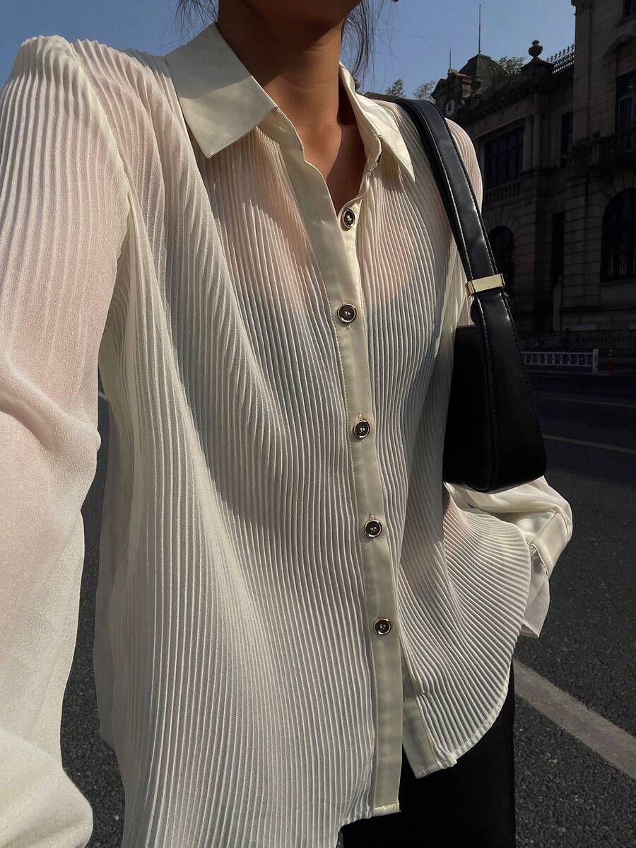 DAZY Women's Pleated Flare Sleeve Casual Blouse - White - View 1