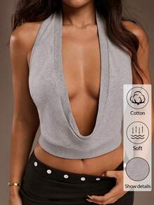 SHEIN ICON Casual Short Solid Color Sexy Halter Backless Blouse For Women Sexy Crop Top Grey Top Tops For Women Sexy Sexy Tops For Club Dress Top - Grey - View 1