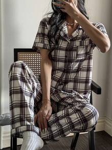 SHEIN Napfluff Plaid Print Lapel Cardigan Short Sleeve Pajama Set - Multicolor - View 3