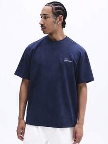 Men Navy Suede Texture Short Sleeve Crew Neck T Shirt With Small Script Logo Casual Relaxed Fit Everyday Wear Summer Spring - Blue - View 4