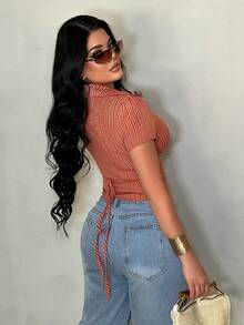 SHEIN SXY 商务休闲红白条纹修身衬衫 - 紅白色 - 查看 4
