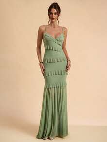SHEIN BAE Đầm không tay màu xanh lá cây nhạt, xanh pistachio, dáng ôm, viền bèo nhún, lớp vải lưới thanh lịch, phù hợp cho mùa xuân/hè, dành cho nữ, đi học, tốt nghiệp, màu trắng tinh khiết, trang phục dự tiệc cưới, đầm thanh lịch tối giản gợi cảm, đầm duyên dáng, trang phục dự tiệc cưới, đi nghỉ mát & hẹn hò. - màu xanh lá - Xem 1
