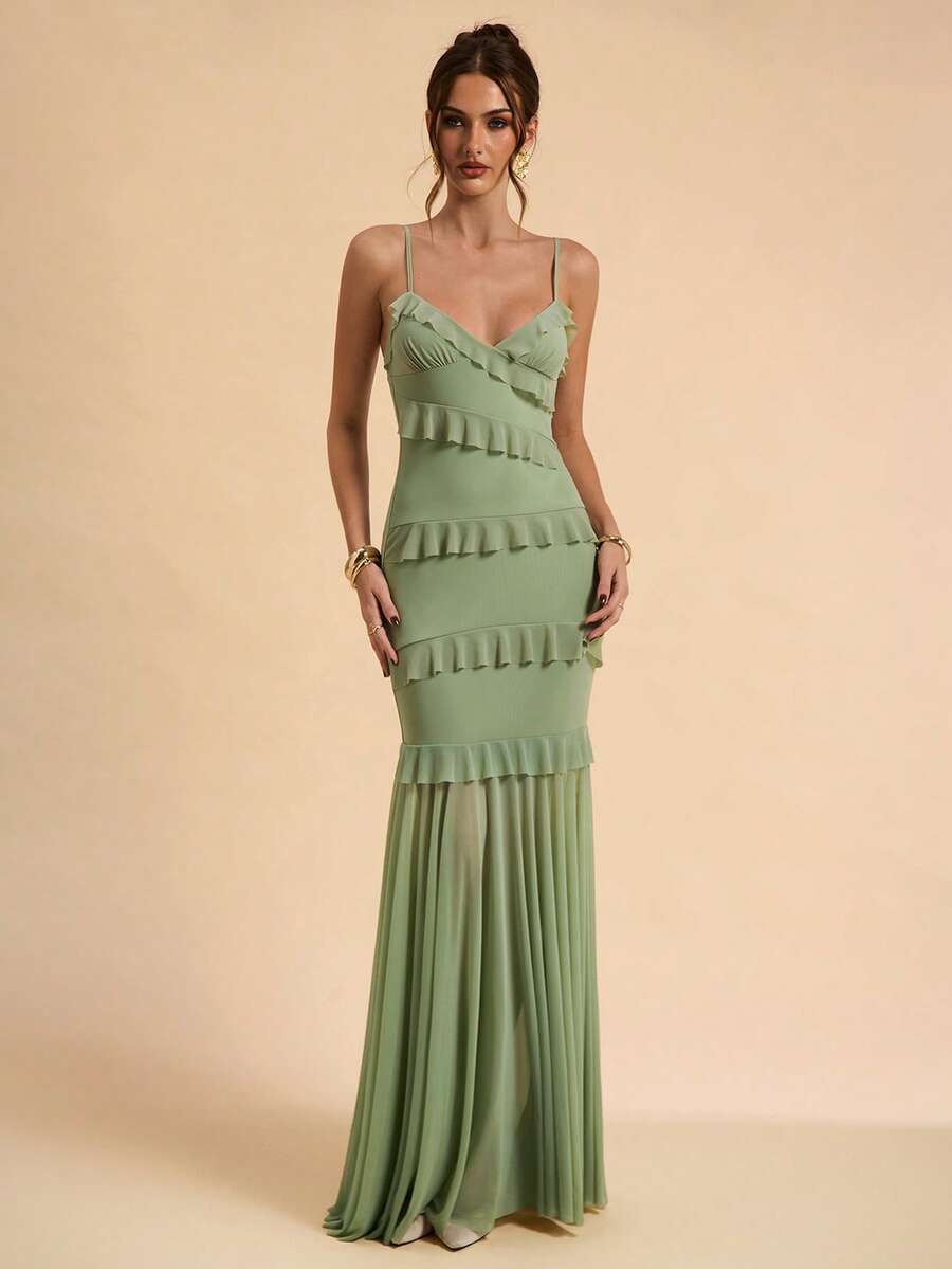 SHEIN BAE Đầm không tay màu xanh lá cây nhạt, xanh pistachio, dáng ôm, viền bèo nhún, lớp vải lưới thanh lịch, phù hợp cho mùa xuân/hè, dành cho nữ, đi học, tốt nghiệp, màu trắng tinh khiết, trang phục dự tiệc cưới, đầm thanh lịch tối giản gợi cảm, đầm duyên dáng, trang phục dự tiệc cưới, đi nghỉ mát & hẹn hò. - màu xanh lá - Xem 1