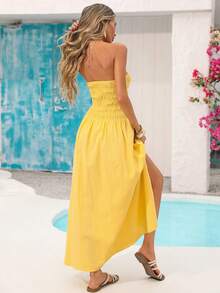Vivid Eden 女士纯色开衩褶皱休闲派对长裙，夏季服装，春季女装，春季连衣裙，女士海滩度假装，外出装，生日礼服，假日装，黄色连衣裙，女士休闲连衣裙，优雅派对连衣裙，夏季长款连衣裙，女士夏季服装，女士夏季连衣裙，女士夏季度假服装，女士夏季服装，黄色连衣裙，女士黄色长裙，女士海滩黄色服装，无肩带长款连衣裙 - 鵝黃色 - 查看 2