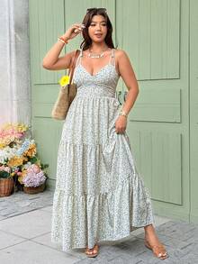 Vionelle 大码碎花吊带荷叶边连衣裙，优雅假日装 - 彩色 - 查看 5