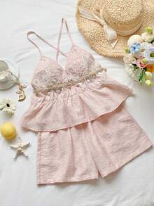 Women's Casual Blue Knitted Camisole And Shorts Set, Brand - 粉紅色 2 - 查看 3