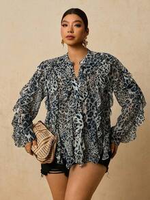 Travachic Plus Size Women Chiffon Leopard Print Long Sleeve Blouse, Leopard Print Ruffle Hem Shirt - Multicolor - View 4