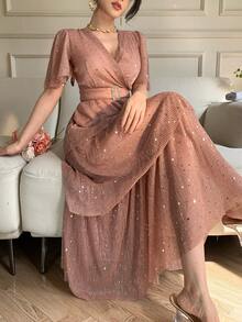 DAZY Đầm dài kiểu Pháp đính sequin, đầm dạ hội mùa hè. - Hồng - Xem 1