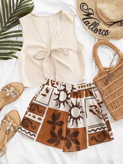 GlowEve Women's New Summer Beach Vacation & Commute Casual Sleeveless Shorts 2 Pieces Set, Apricot