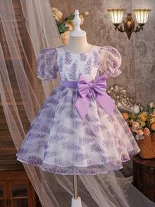 年轻女孩修身可爱度假风中长连衣裙，方领，泡泡袖，撞色蝴蝶结装饰。 - 紫色 - 查看 4