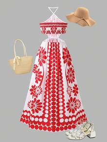 SHEIN Tween Girl Floral Print Backless Waist Hollow Out Maxi Beach Vacation Dress - Red - View 4