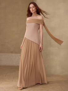 MOTF PREMIUM WOMEN'S ELEGANT OFF-SHOULDER LONG DRESS, SPRING/SUMMER - Khaki - View 5